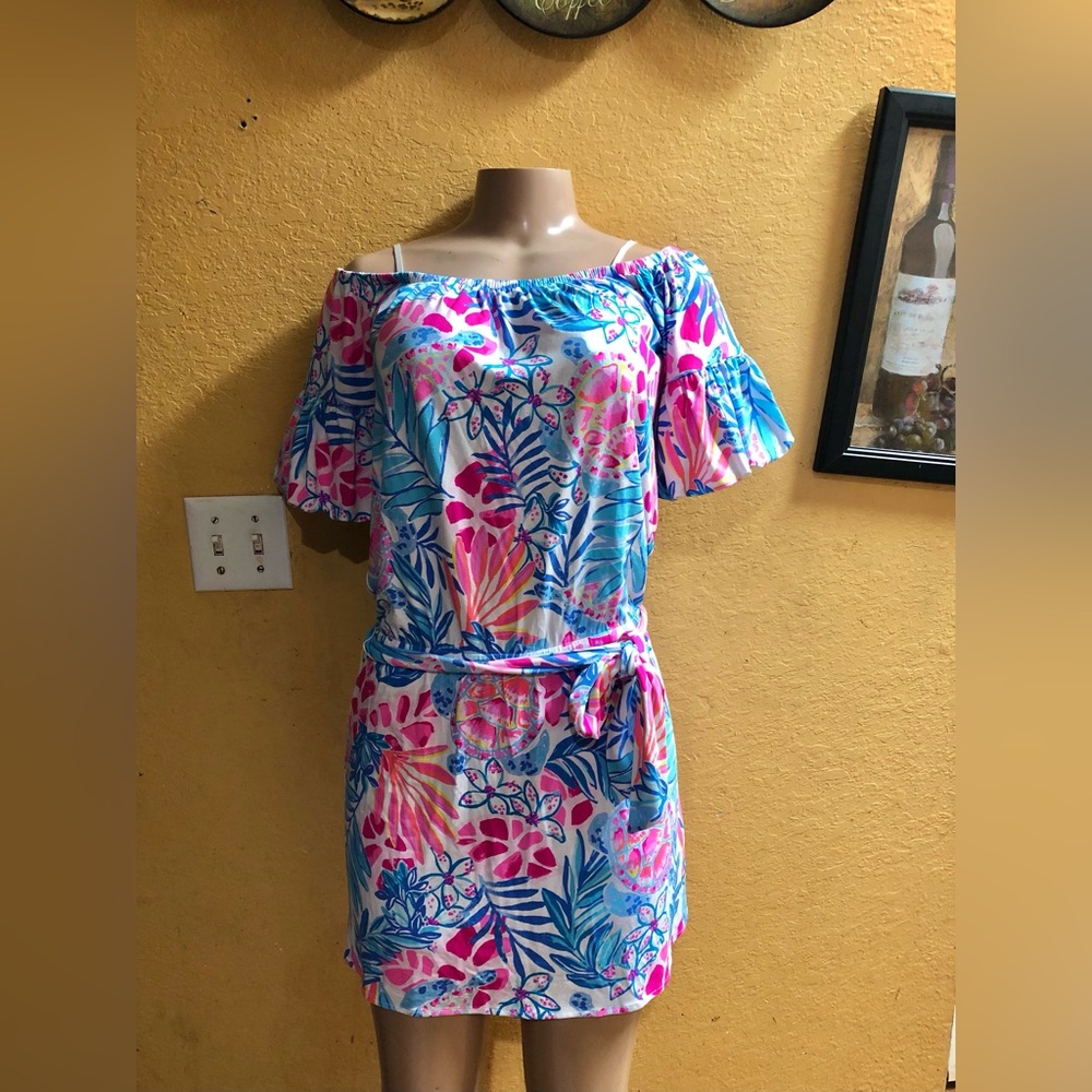 Lilly Pulitzer Pink and Blue Mini Sundress with Flutter Sleeves